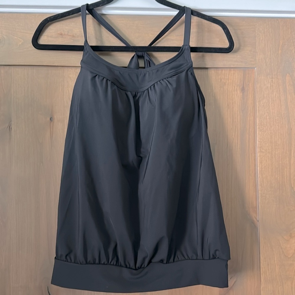 Lands End Tankini Swim Top Womens 8P Black T Back banded Waist Beach Simple